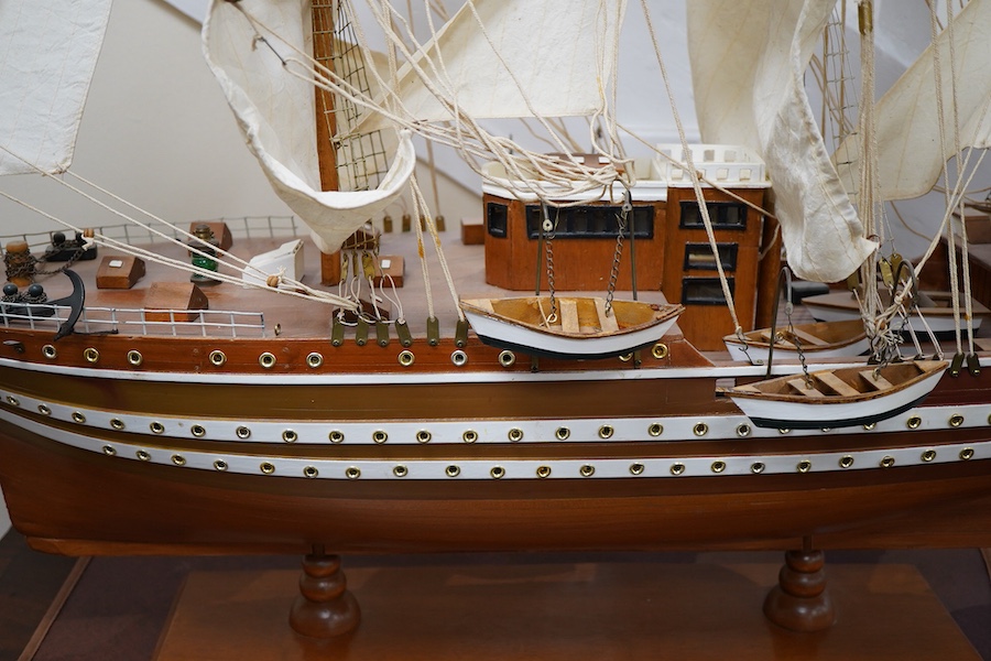 A large wooden ship model 'Amerigo Vespucci' three masted fully rigged and stand, 108cm high